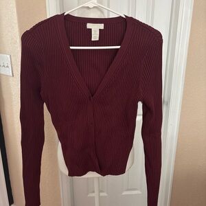 H&M Ribbed Button-Up Cardigan in Wine
